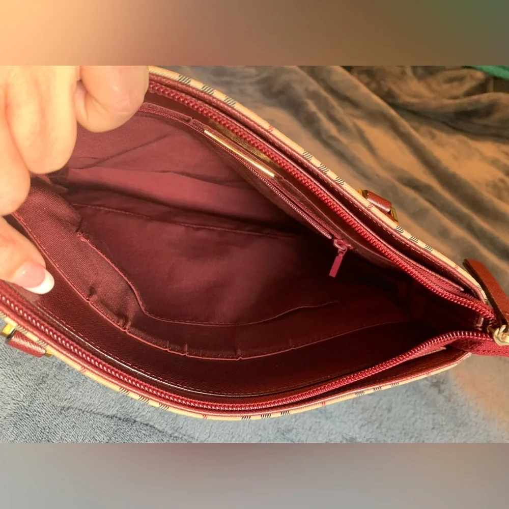 Burberry Beige Check Tote with Burgundy Trim